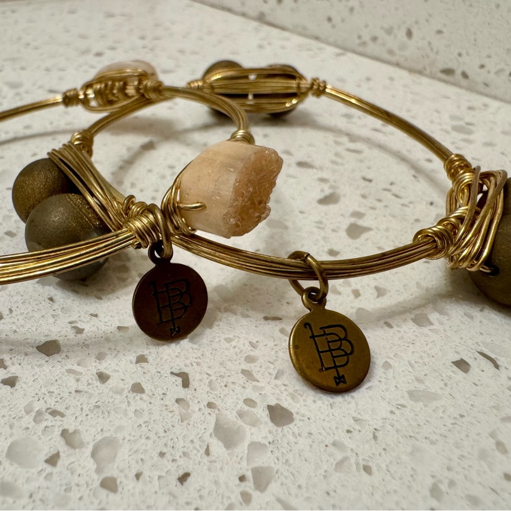 Bourbon and bowties gold wire wrap bangle bracelets chunky stone set of 2
